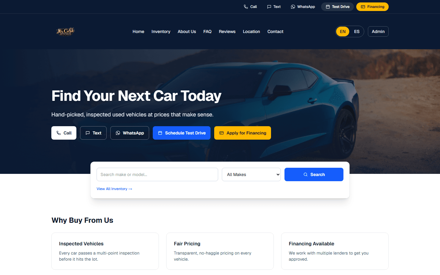 Mr. Cash Auto Sales website on desktop